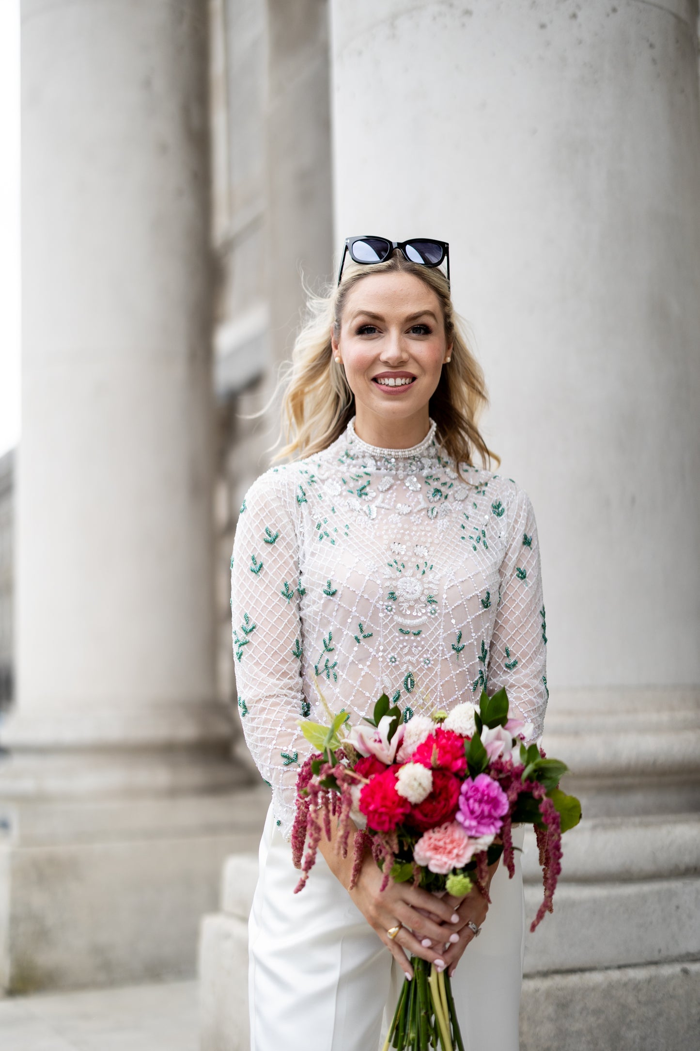 Alternative Irish Bride wearing a hand beaded long sleeve bridal top in Dublin