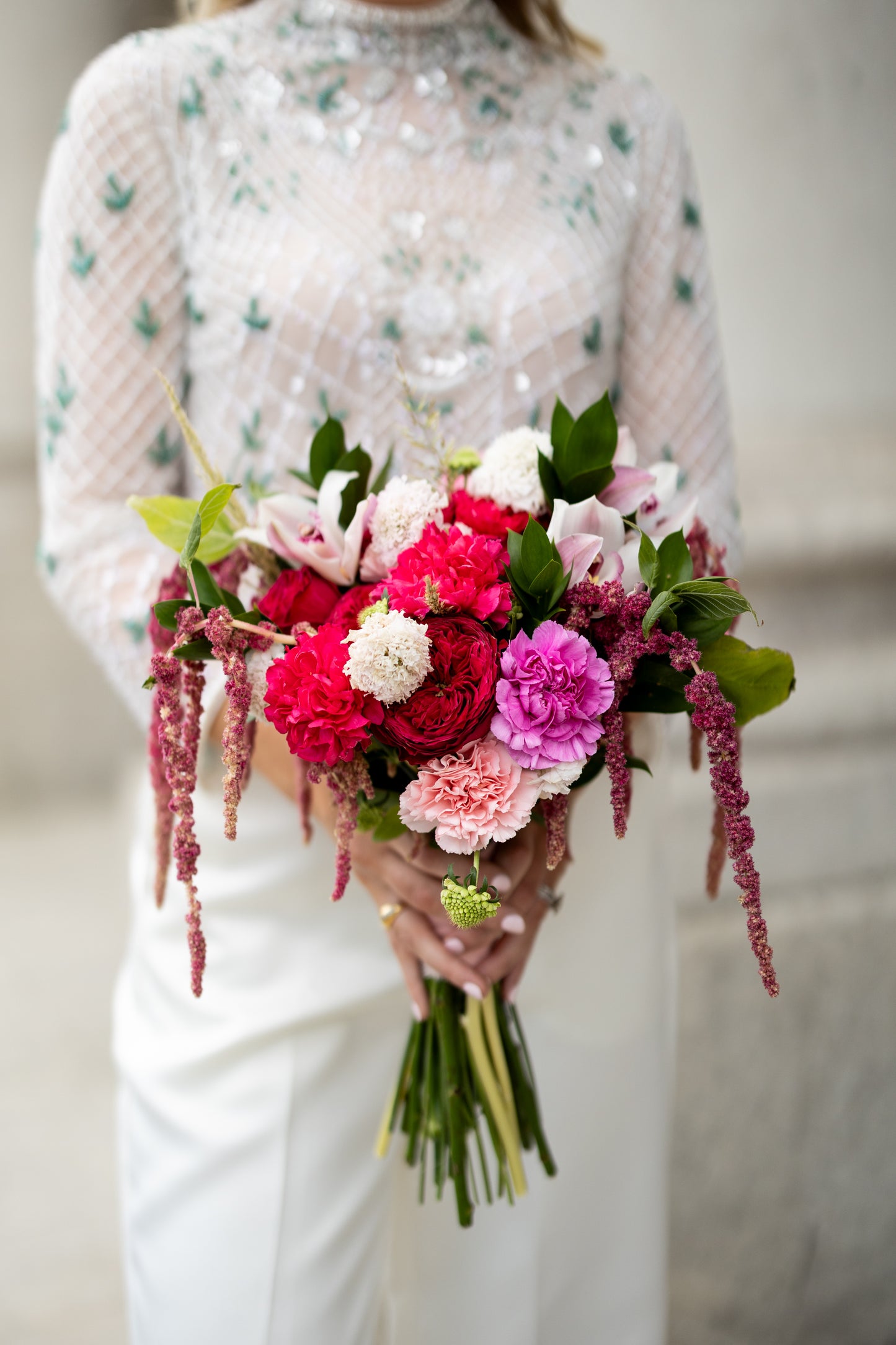 Alternative Irish Bride wearing a hand beaded long sleeve bridal top in Dublin