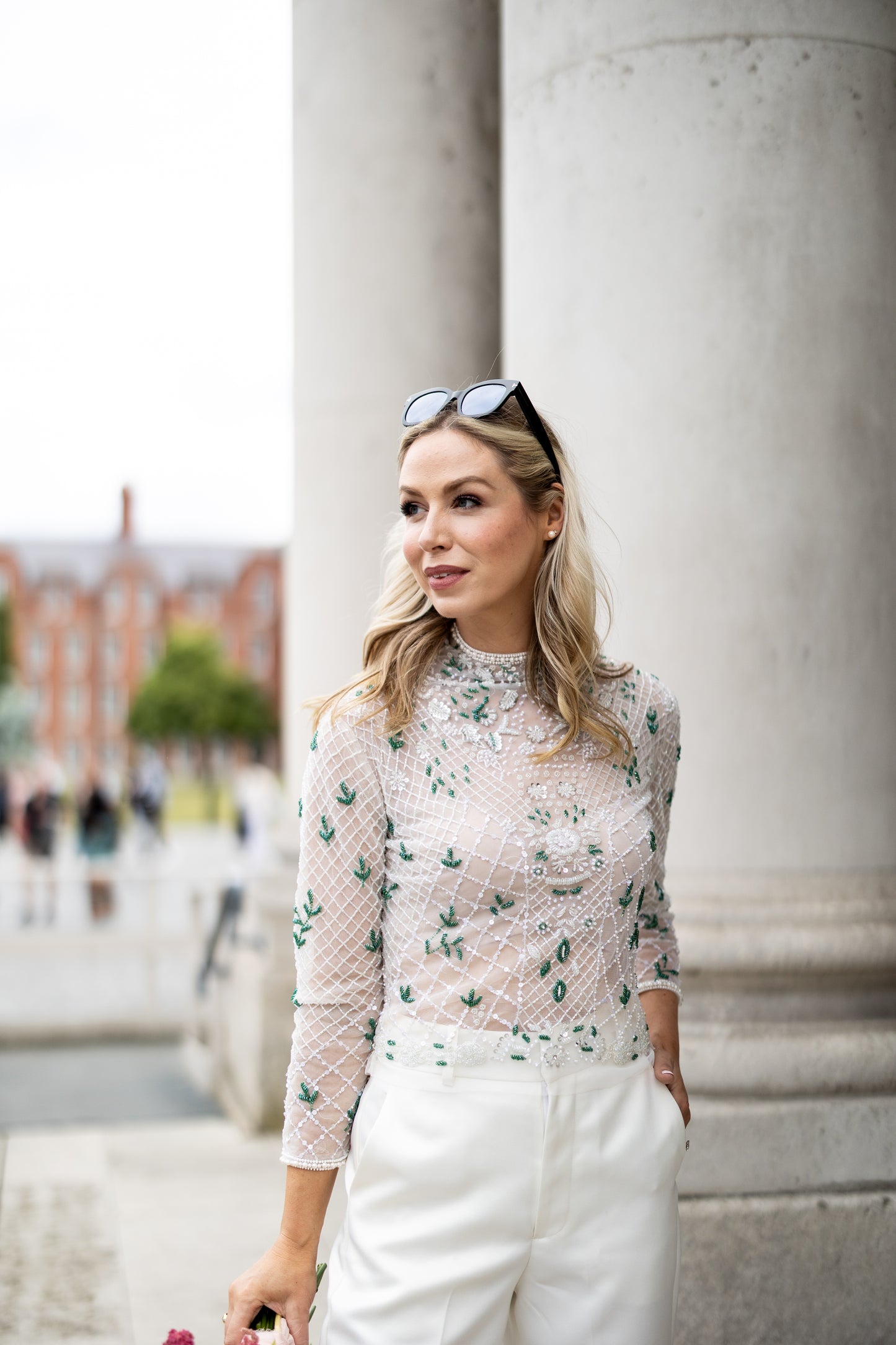 Alternative Irish Bride wearing a hand beaded long sleeve bridal top in Dublin