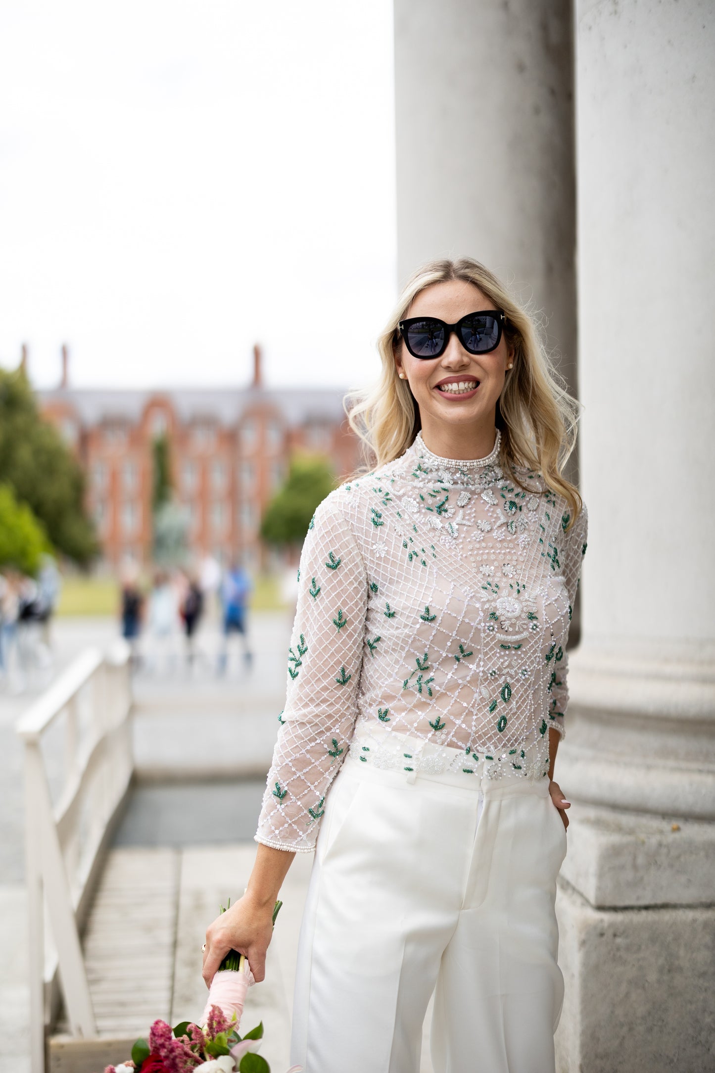 Alternative Irish Bride wearing a hand beaded long sleeve bridal top in Dublin