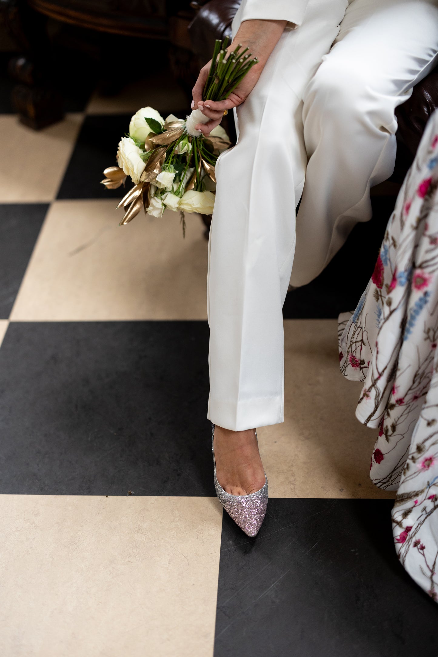Irish bride wearing tuxedo style jacket and trousers in Ireland