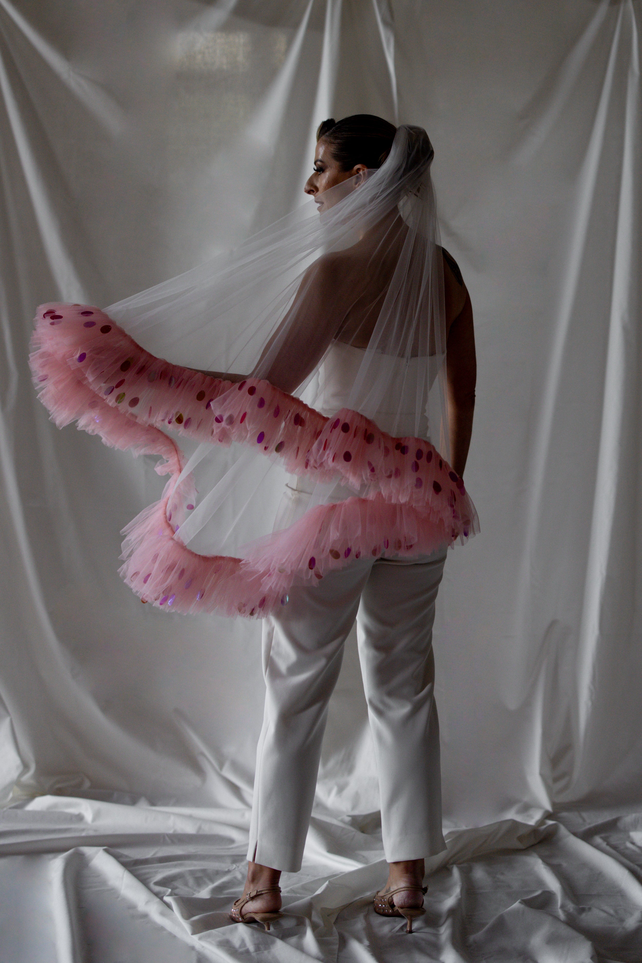 Cupid's Bow | Double Tier Tulle Veil with Coral Ruffle Edge and
