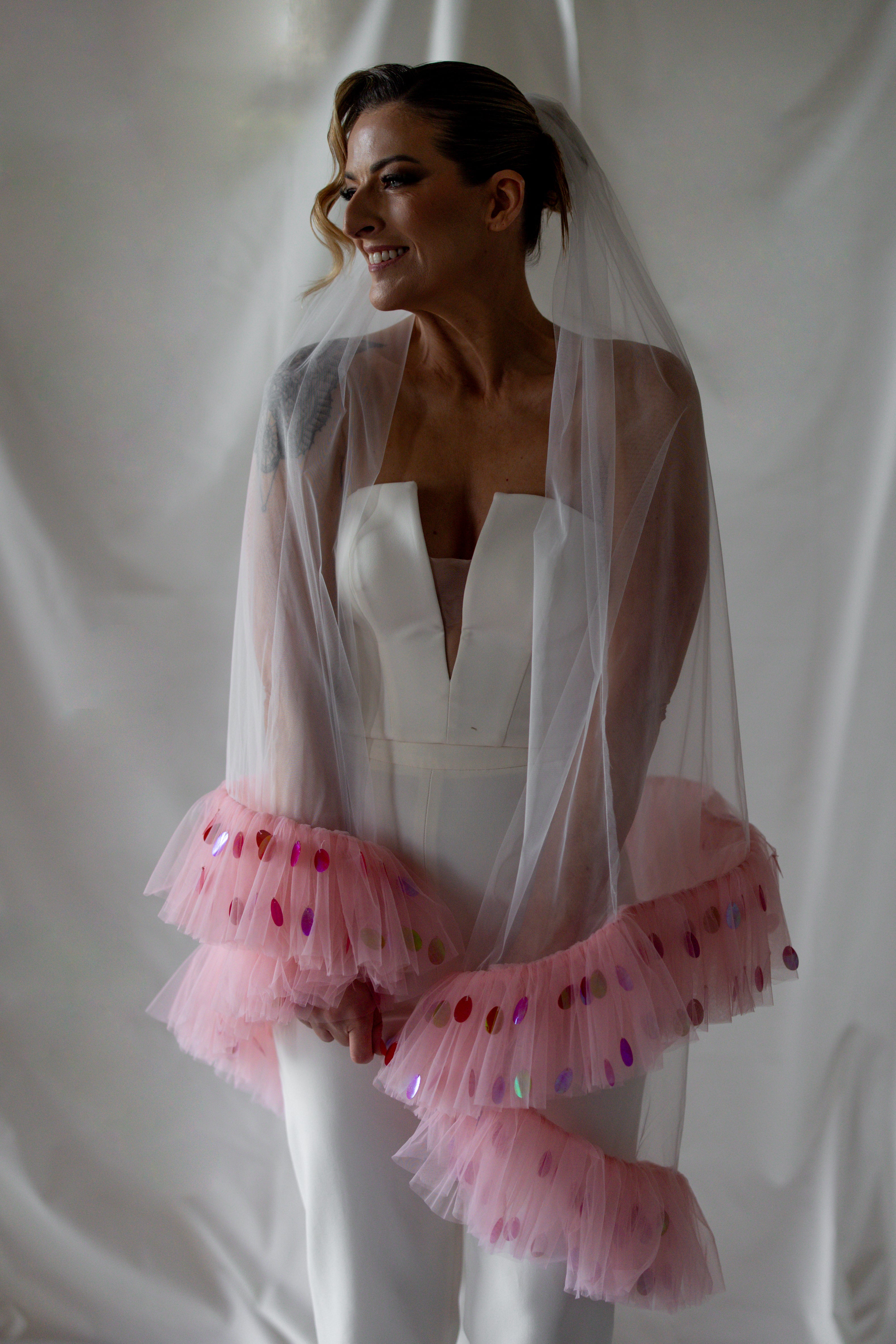Cupid's Bow | Double Tier Tulle Veil with Coral Ruffle Edge and