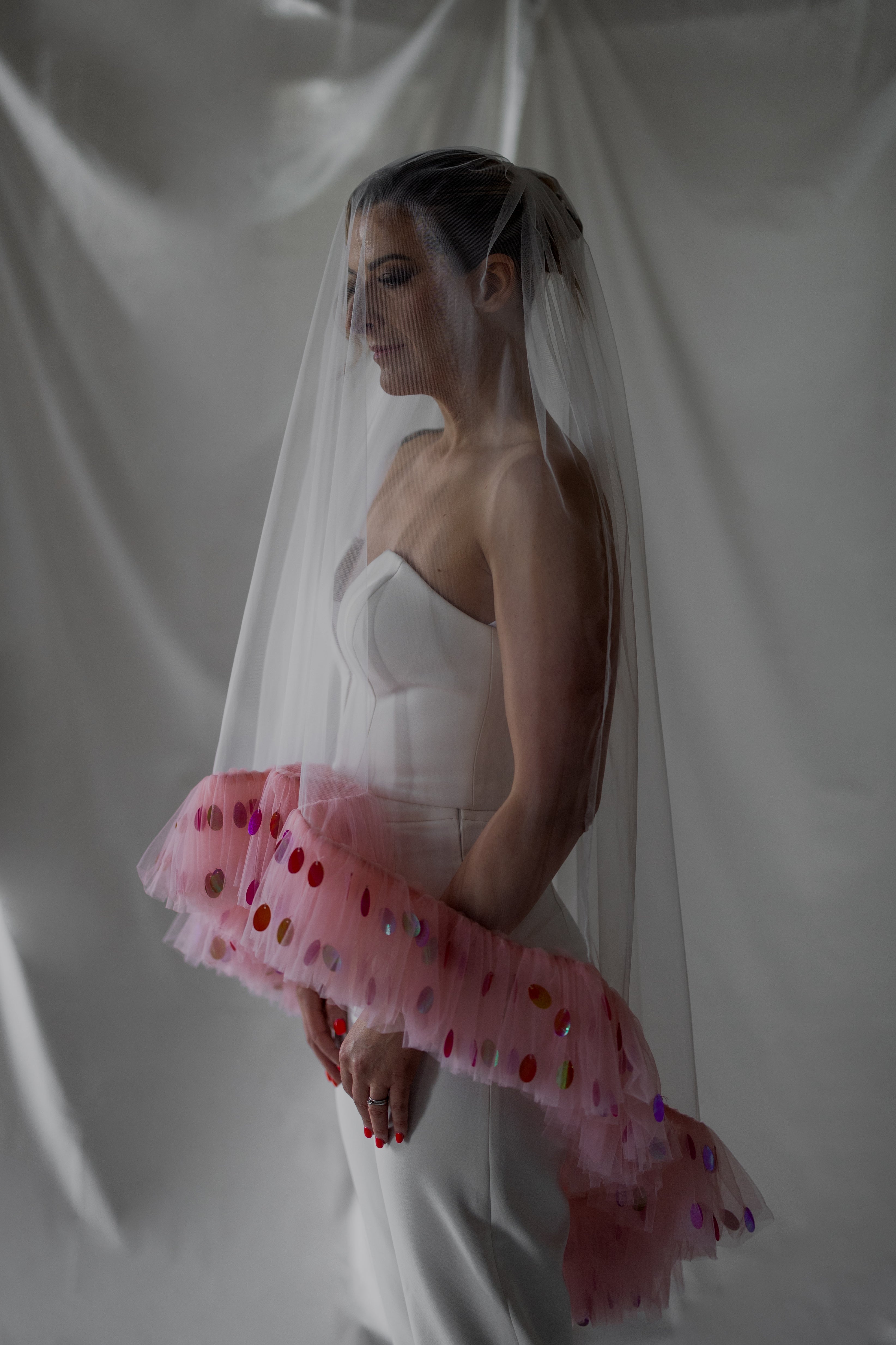 Cupid's Bow | Double Tier Tulle Veil with Coral Ruffle Edge and