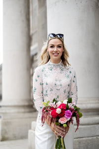 Alternative Irish Bride wearing a hand beaded long sleeve bridal top in Dublin 