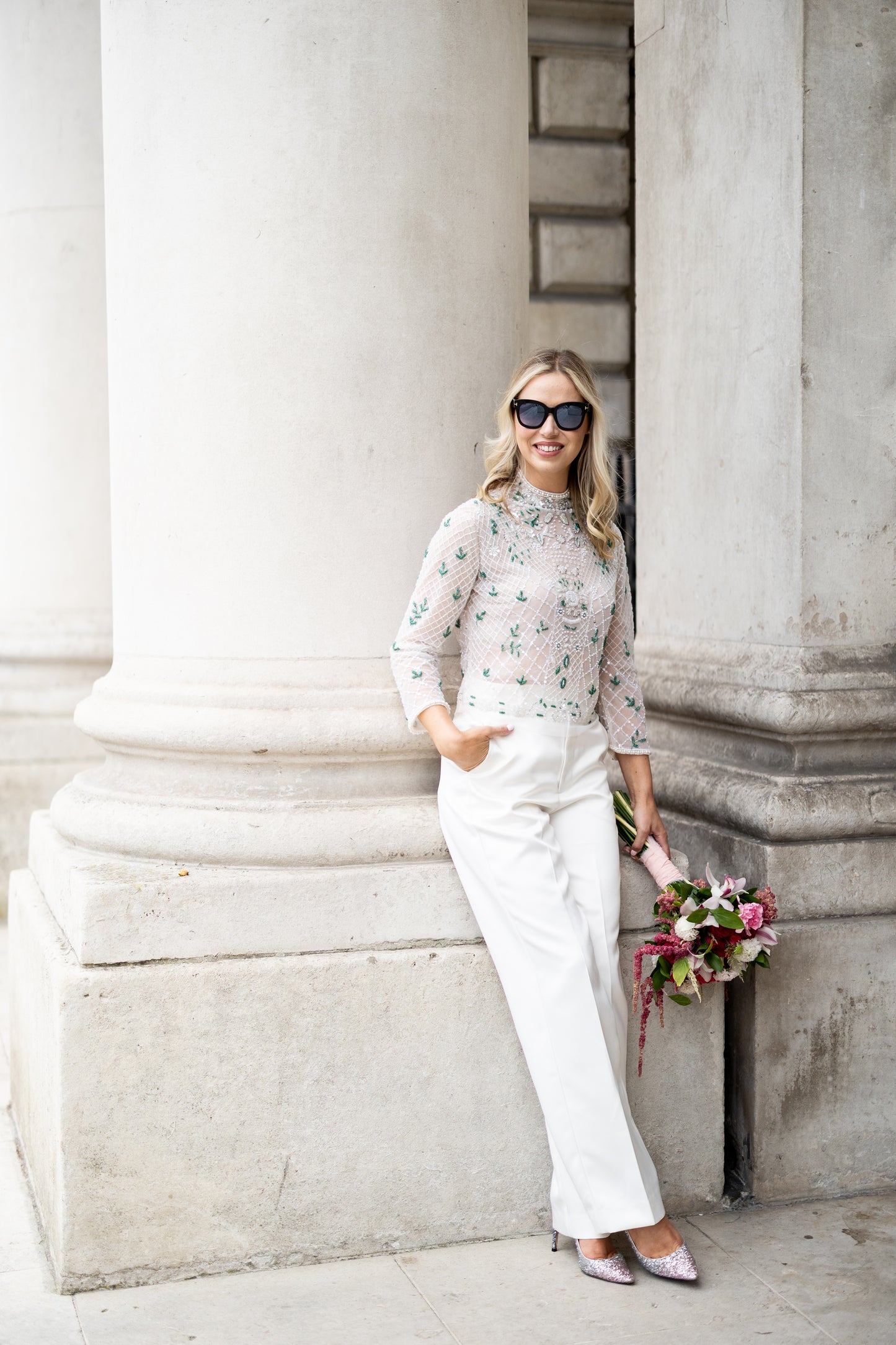 Alternative Irish Bride wearing a hand beaded long sleeve bridal top in Dublin 