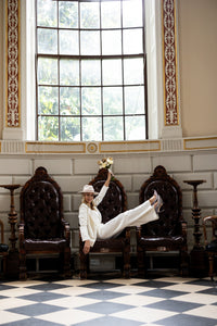 Irish bride wearing tuxedo style jacket and trousers in Ireland 