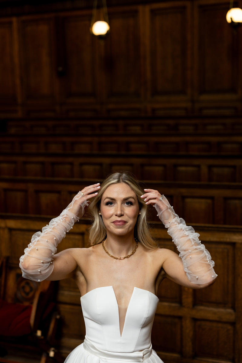 Irish bride to be with sheer pearl dotted gloves