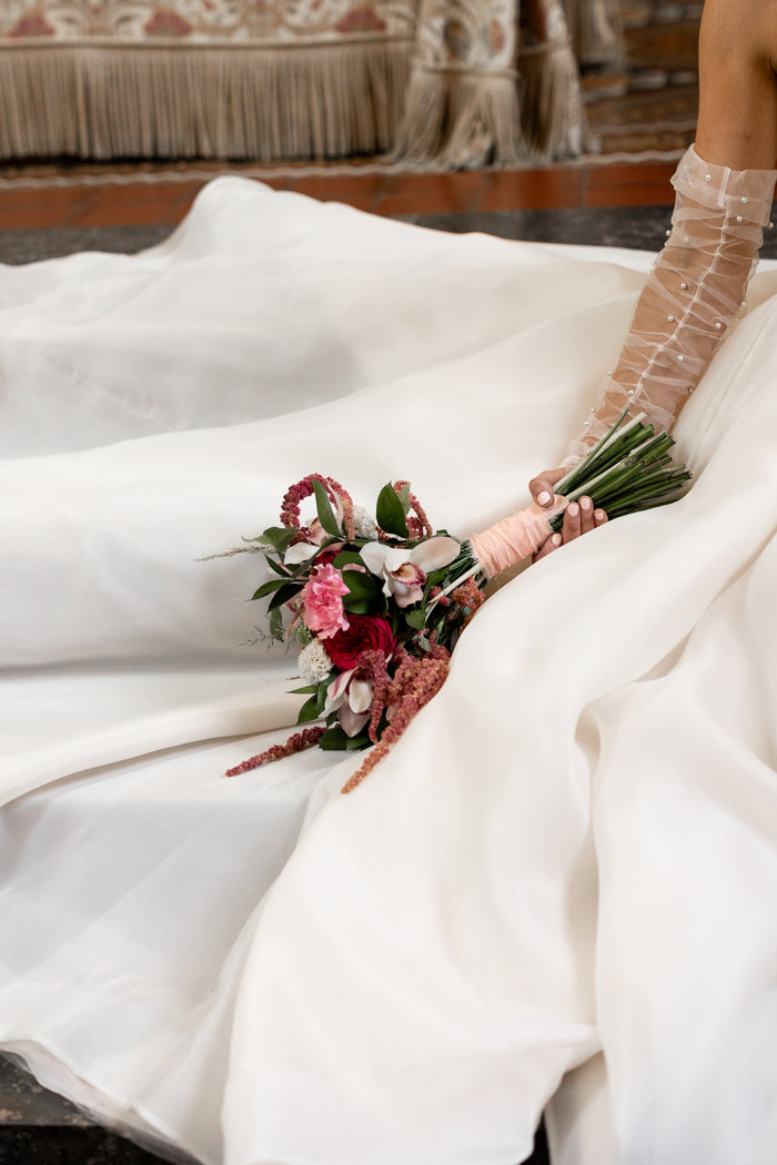 Irish bride wearing blush organza wedding skirt in Ireland 