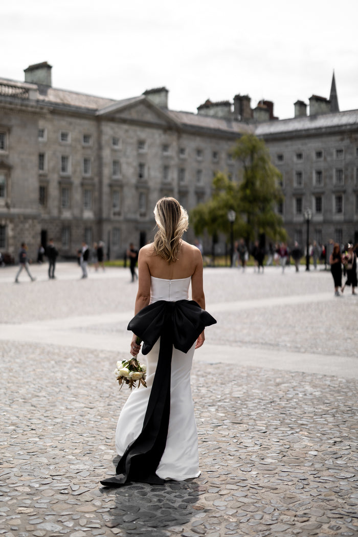 Irish bride with oversized statement black organza bow