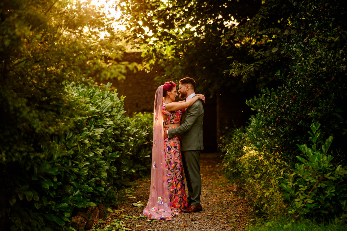 REAL BRIDE WEARING PINK FLORAL WEDDING DRESS 
