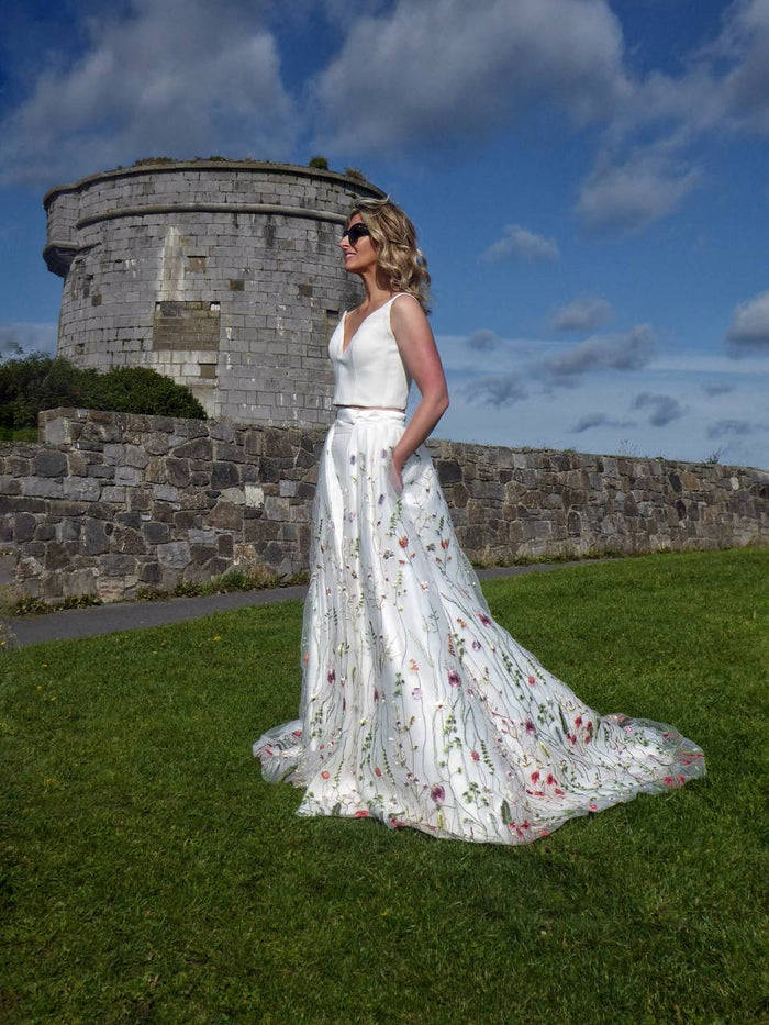Irish bride in floral wedding dress 