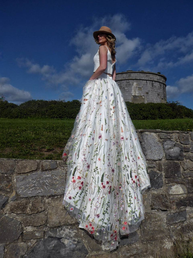 Irish bride in floral wedding dress 