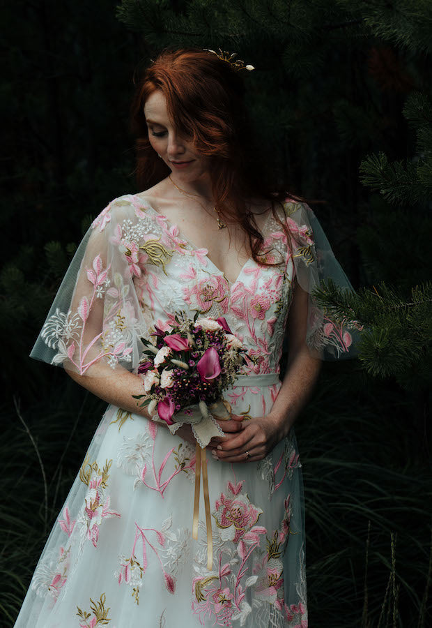 Irish bride in floral wedding dress 