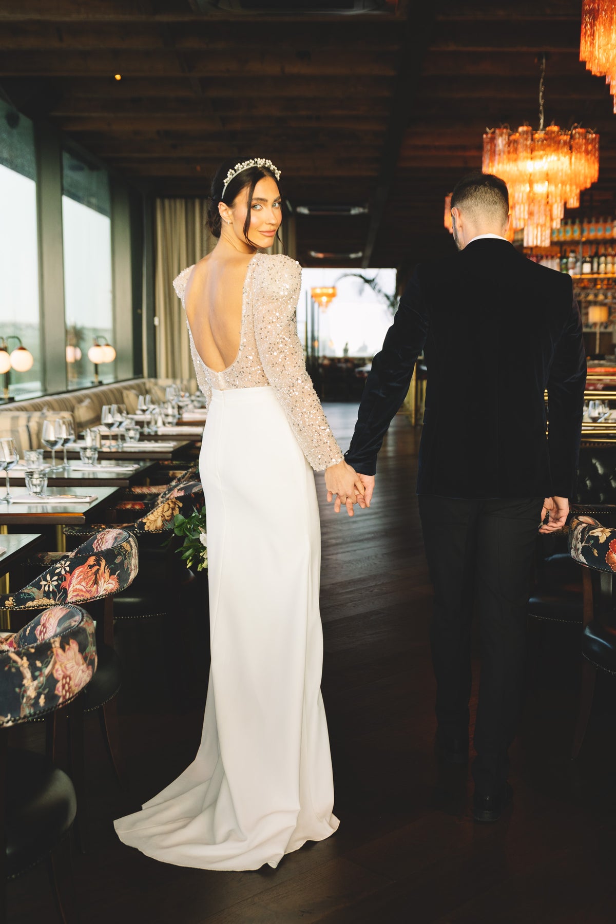Irish bride wears champagne coloured sequin bridal top and crepe skirt in Galway 