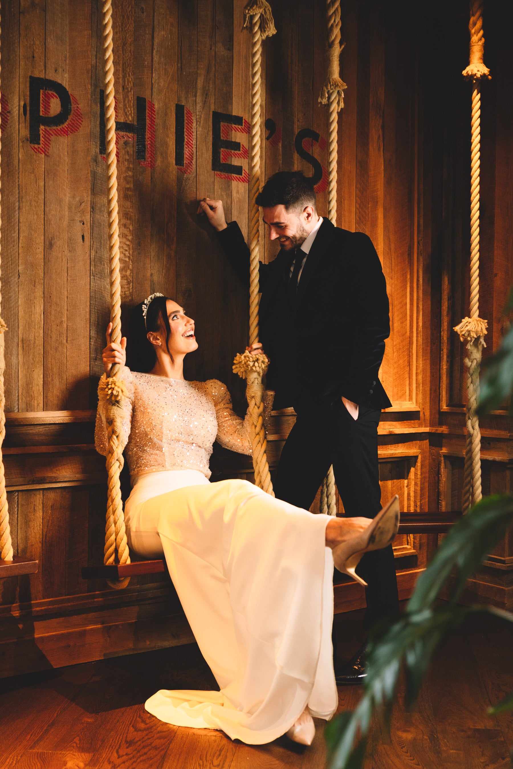 Irish bride wears champagne coloured sequin bridal top and crepe skirt in Galway 