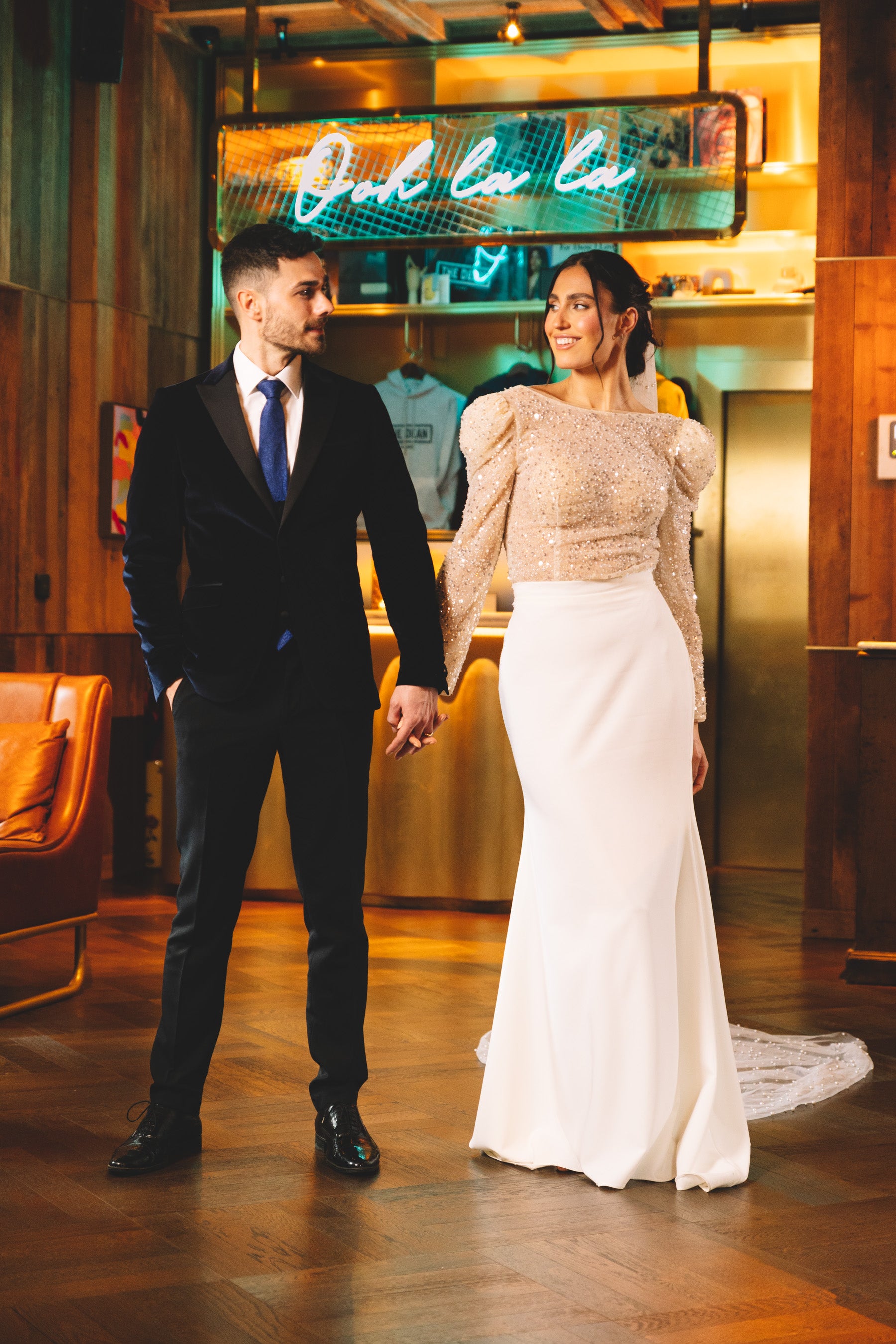 Irish bride wears champagne coloured sequin bridal top and crepe skirt in Galway 