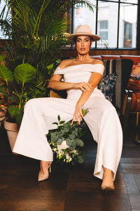 Irish bride wears wide leg bridal trousers in Galway 