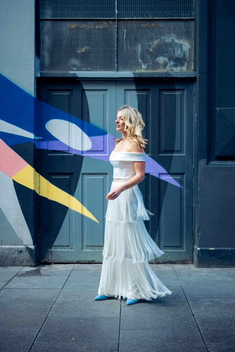 Irish bride wearing a fringe wedding dress in Ireland 
