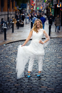 Irish bride wears a one shoulder lace wedding dress in Dublin 