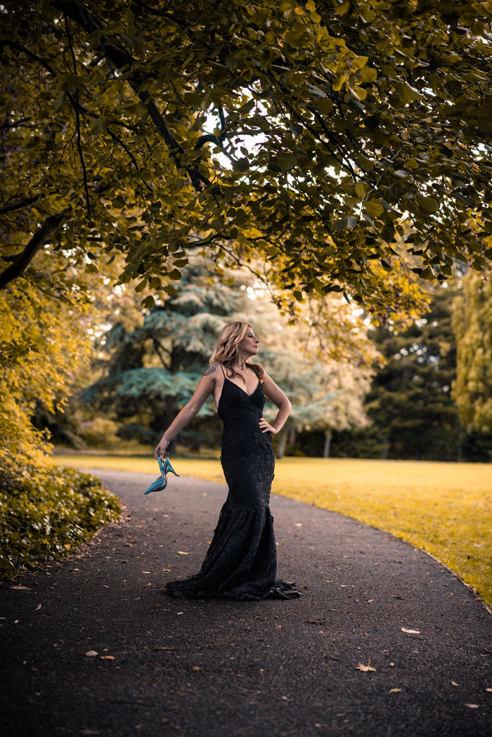 Irish alternative bride wearing a black lace wedding dress in Ireland 
