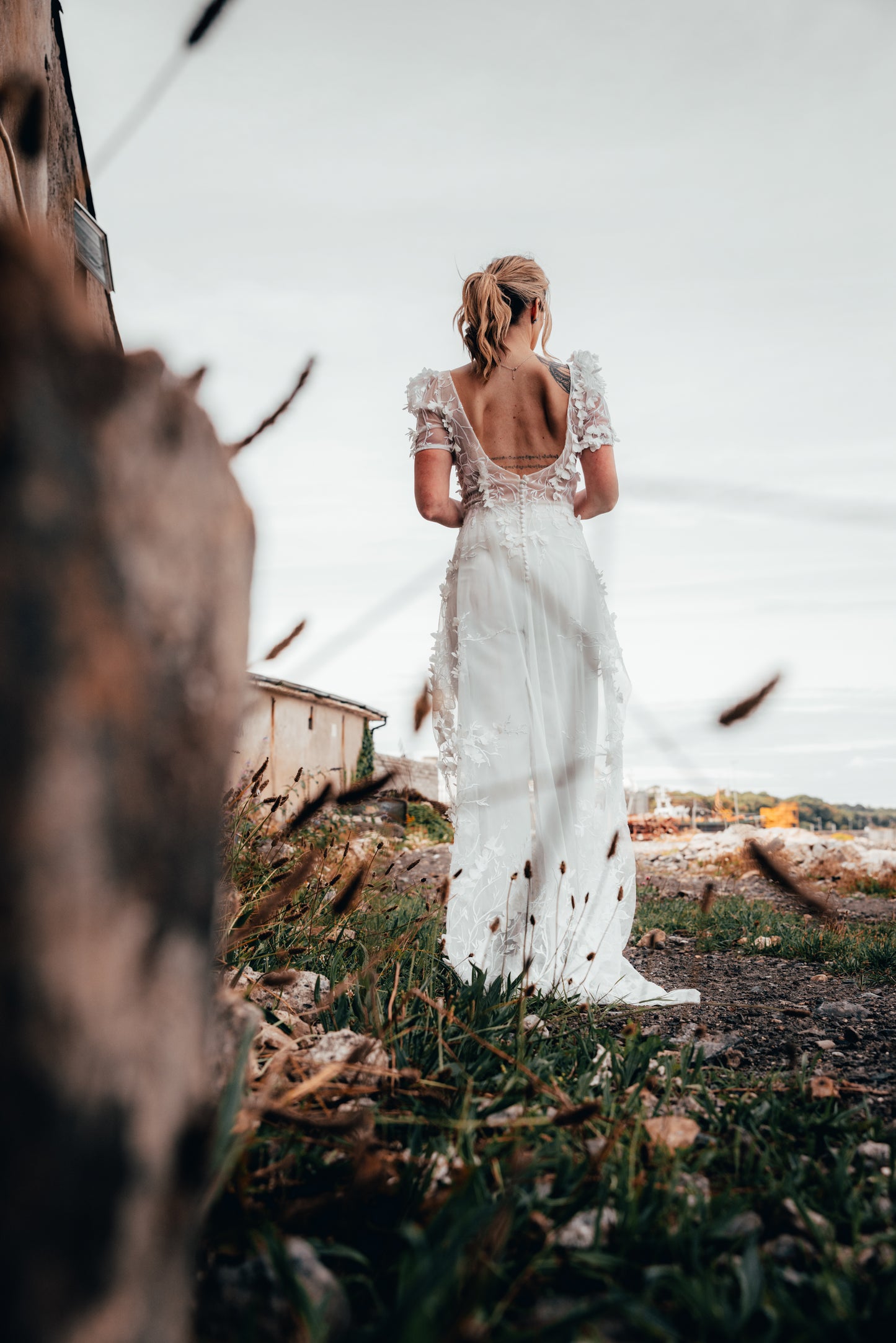 Irish bride in lace jumpsuit with trousers