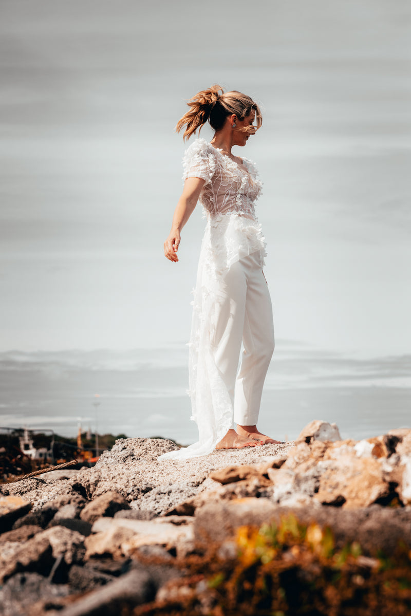 Irish bride in lace jumpsuit with trousers