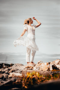 Irish bride in lace jumpsuit with trousers