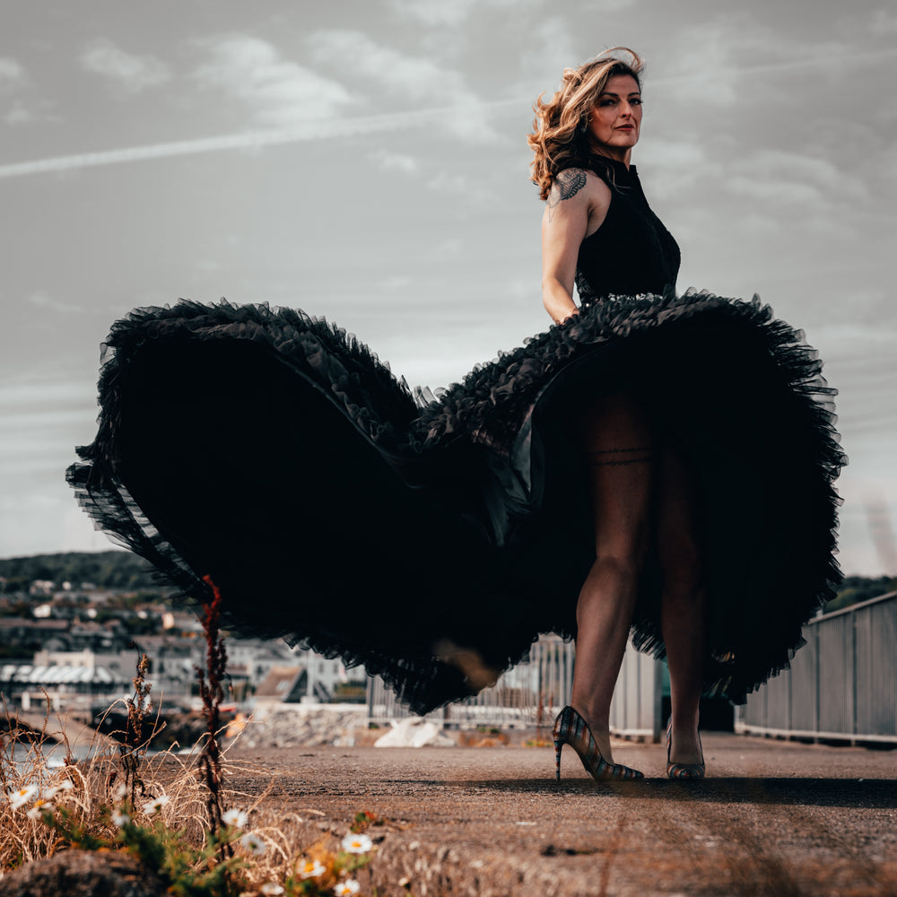 Irish alternative bride wearing lace and tulle black wedding dress in Ireland 
