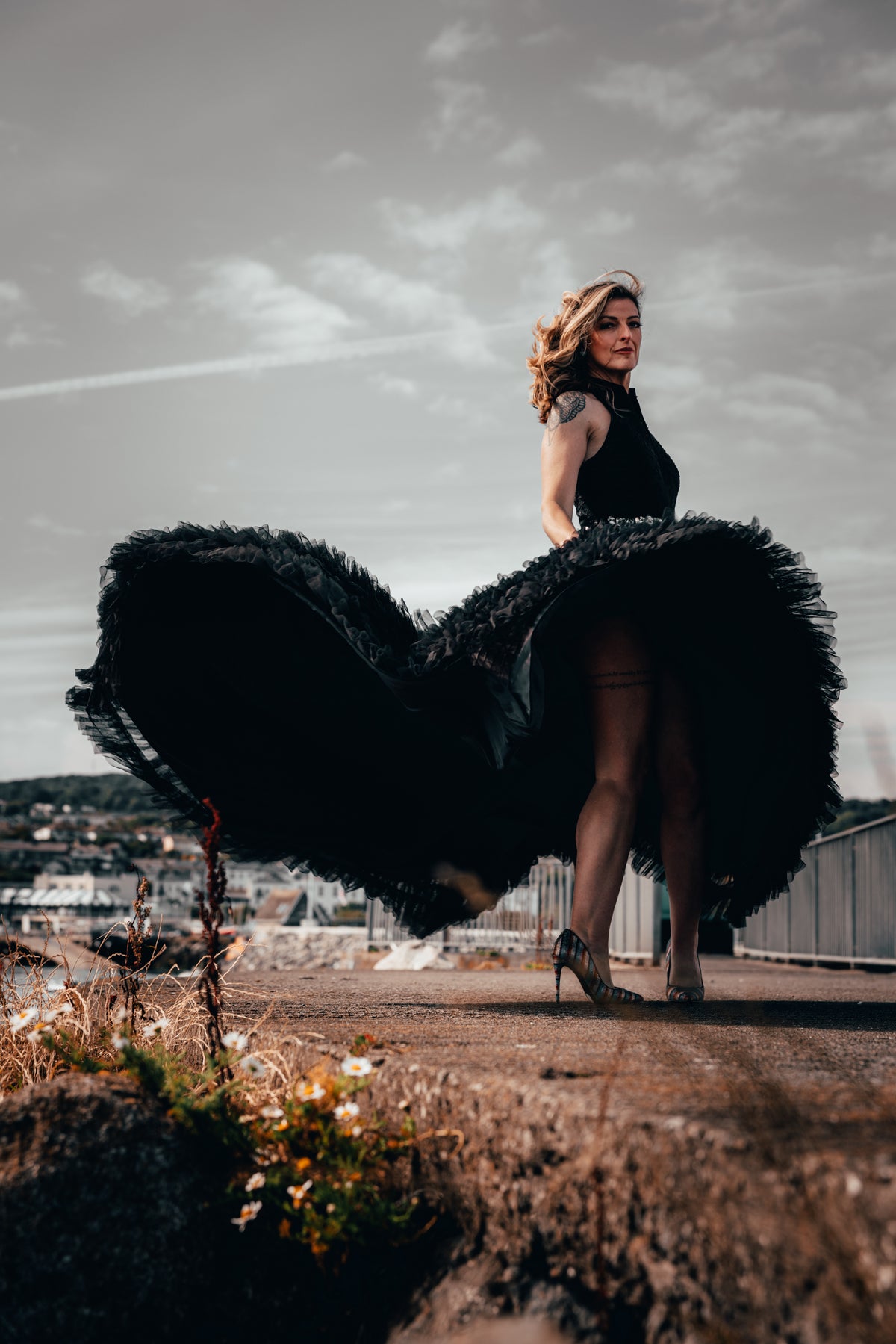 Irish alternative bride wearing lace and tulle black wedding dress in Ireland 