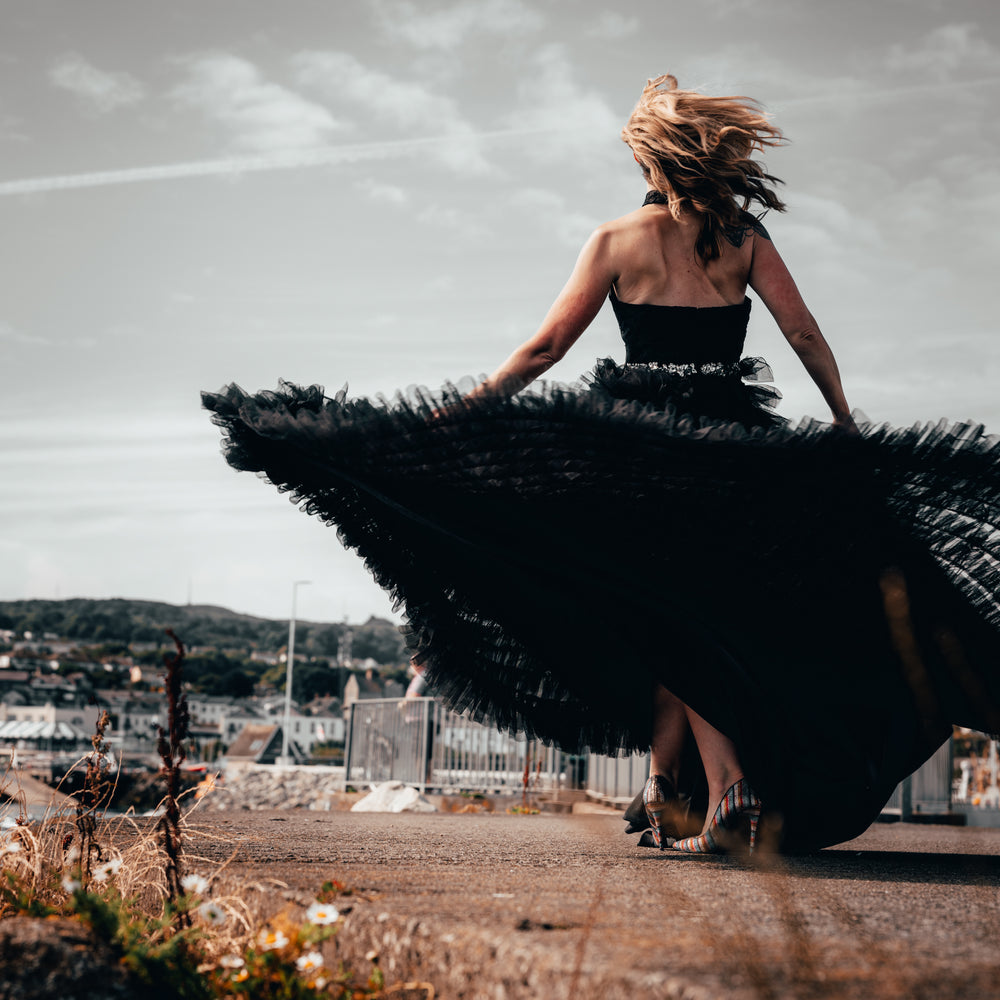Irish alternative bride wearing lace and tulle black wedding dress in Ireland 