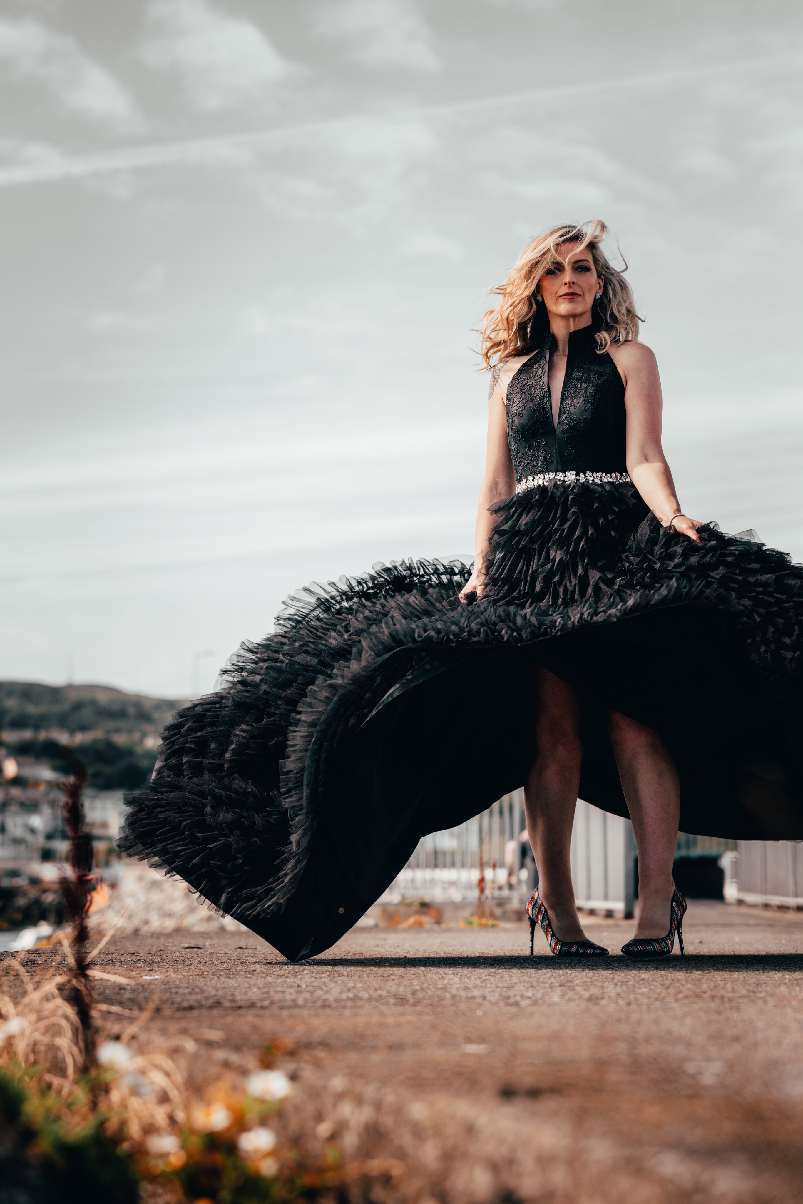 Irish alternative bride wearing lace and tulle black wedding dress in Ireland 