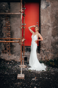 Irish bride wears sexy slim fit wedding dress in Cork 